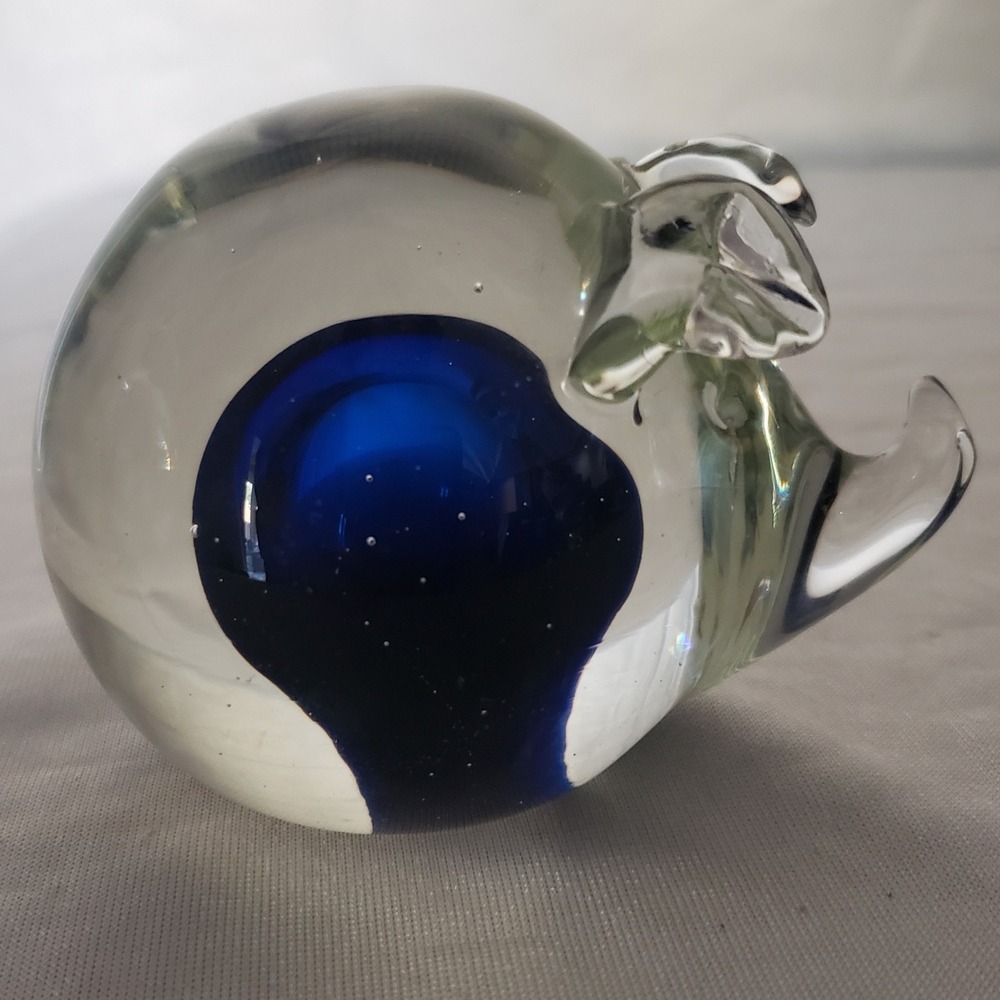 Art Glass Pig Figurine Paperweight Cobalt Blue Interior Vintage Hand Blown